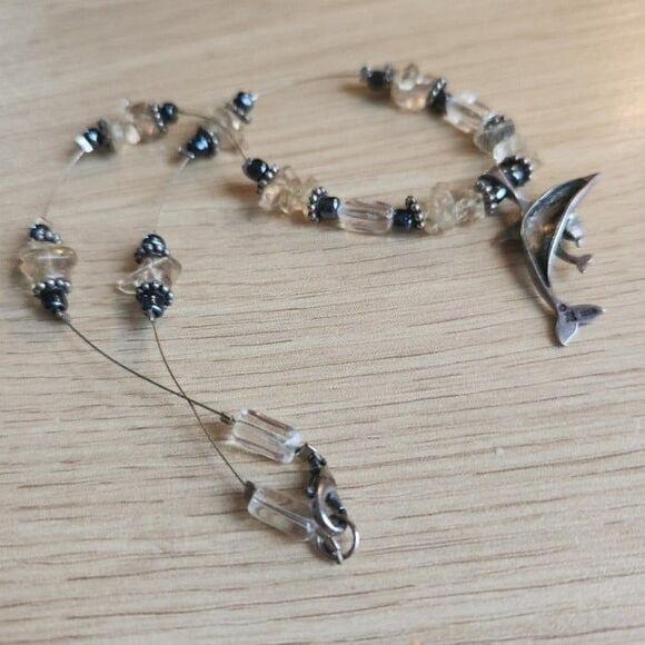 Vintage Y2K Dolphin Pendant Natural Beaded Silver Necklace - Picture 4 of 4